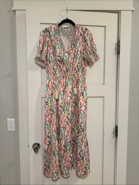THML Dresses & Skirts - Floral V-Neck Midi Dress in Cream with Multicolor Print